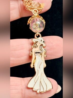 Gold-Tone White Enamel female DRESS form/Bee and flower accents Pendant Necklace